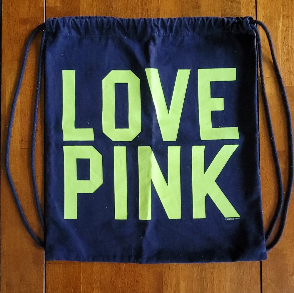 Love Pink Drawstring Bag, Dark Blue W/ Neon Letters, Canvas, Excellent Condition